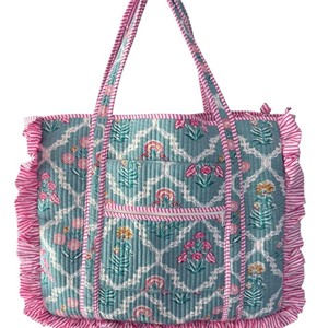 Cotton Quilted Floral Tote <b>Bag</b> With Pink Ruffles <b>Boho</b> Style Women's Shoulder <b>Bag</b> All Seasons Shopping <b>Bag</b> - Product Image 5