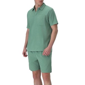 Summer Set Cotton Men's Clothing Two Piece Waffle Set Tracksuit Outerwear Short Sleeve Breathable Tee Shirt Shorts Sets For Men - Product Image 1