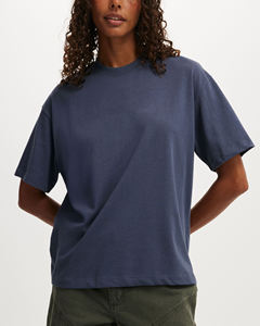 T-shirt ample à col rond pour femme, prix abordable, bleu marine, manches courtes, coupe ample, 100% coton jersey, imprimé logo, toutes saisons - Product Image 4