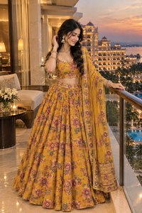 Ensemble Lehenga Choli en soie Taby de qualité supérieure, jaune moutarde, à fleurs, longueur au sol, avec dupatta orné, pour mariage, fête et occasions spéciales |   Indien - Product Image 4