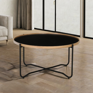 Movable Lipped Bentwood Edge Melamine Top Round Contemporary Living Room Coffee <b>Table</b> with <b>Epoxy</b> Metal Road X-Base Leg - Product Image 1