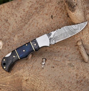 Cuchillo Plegable de Acero de Damasco de Grado Industrial Hecho a Mano con Mango de Madera y Funda de Cuero para Acampar al Aire Libre - Product Image 6