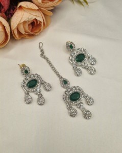 Designer Rhodium Plated Oval Cut CZ Stone <b>Necklace</b> <b>Set</b> With <b>Earrings</b> & Mangtika For Women Ethnic Fashion Jewellery <b>Set</b> Wholesale - Product Image 6