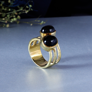 <b>Gold</b> Plated Brass Double Black Onyx Bohemian Geometric Statement <b>Ring</b> - Product Image 3