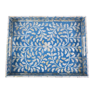 Bandeja de Servicio Decorativa Rectangular Rústica Vintage Hecha a Mano con Incrustaciones Florales Azules en MDF, Elegante, Duradera y Sostenible con Asas - Product Image 3