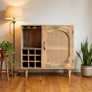 Midcentury Modern Wood <b>Bar</b> <b>Cabinet</b> with Rattan Door Panel Tapered Legs Mango Wood Home <b>Bar</b> Storage Unit - Product Image 5