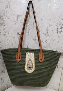 Handmade <b>Straw</b> Tote <b>Bag</b> Beach Carryall Green Evil Eye Beaded Pendant Large Capacity Summer Women - Product Image 3
