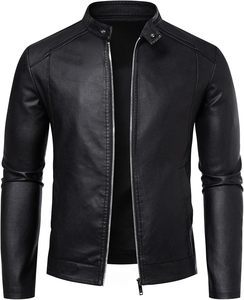 Chaqueta de Motociclista de Cuero Negra para Hombre, Cuello Alto, Cierre de Cremallera, Corte Ajustado, Manga Regular, Estilo Otoñal - Product Image 3