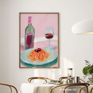Cuadro Impresionista de Comida sobre Lienzo para Cocina, Arte de Pasta y Vino, Decoración Estética Rosa para Comedor - Product Image 2