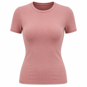 T-shirt décontracté pour femme en mélange de coton côtelé, coupe ajustée, col rond, manches courtes, couleur rose poudré - Product Image 4