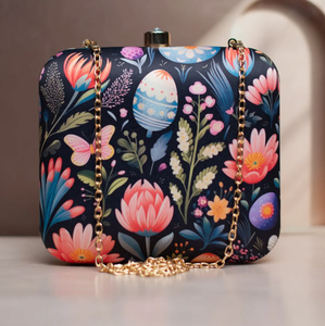 Elegant Floral Print Clutch Black Metal <b>Frame</b> Hard Case Premium Satin Fabric with Raw Silk Interior Decorative Lock - Product Image 1