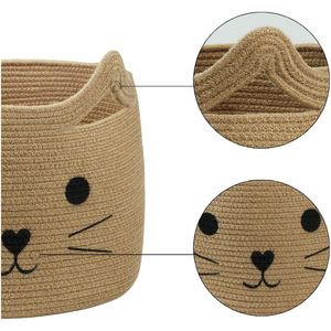 Cute <b>Cat</b> Face Cartoon Printed Cotton Barrel-Shaped Storage Basket with Two Handles Open Top Foldable Waterproof - Product Image 3