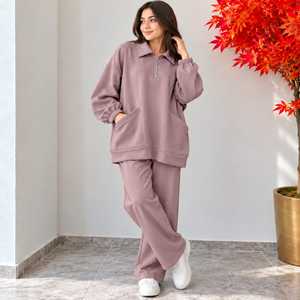 Ensemble survêtement décontracté pour femme, écologique, respirant, couleur unie, sweat-shirt oversize à demi-zip et pantalon large, coupe ample - Product Image 5