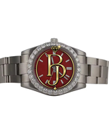 Reloj de pulsera Briva Luxury Silver Diamond B-047-1 con marcadores de bisel brillantes en rojo intenso, diseño elegante, movimiento de cuarzo, acero inoxidable