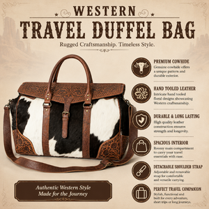 Western Hair-On Cowhide Leather Travel Duffel <b>Bag</b> Hand Tooled Genuine Leather Weekender <b>Overnight</b> Luggage <b>Bag</b> for Men and Women - Product Image 5