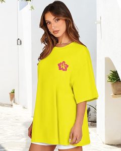 T-shirt décontracté pour femme, col rond, manches courtes, coupe ample, en jersey de coton, imprimé floral, jaune, printemps-été - Product Image 5