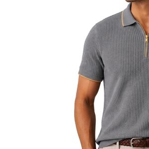 Polo de Punto Gris para Hombre con Cierre Dorado, Manga Corta, Estilo Casual de Lujo para Verano, Tela Texturizada, Diseño Personalizado, Camisa de Golf OEM - Product Image 3