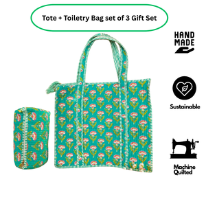 Eco Friendly Emerald Green Floral Jaipur Handcrafted Block Print Quilted Cotton Tote <b>Bag</b> + Toiletry <b>Bag</b> Set -3 Travel Giftable - Product Image 2