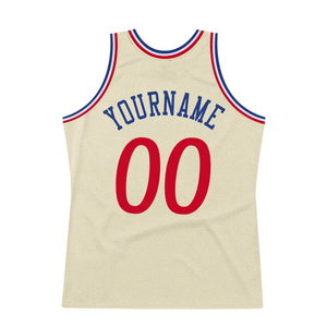 Custom Cream Basketball Jersey With Blue Team Name And Red Number Sublimated Print Unisex Adult <b>Mesh</b> Tank <b>Top</b> Basketball Jersey - Product Image 2