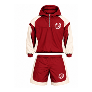 Mens Red Nylon Quarter Zip <b>Hoodie</b> Shorts Set Contrast Panel Lightweight Athletic <b>Running</b> Training Gym Casual Sportswear - Product Image 1