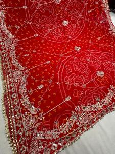 <b>Red</b> Embroidered Saree Fabric Heavy Hand Zari <b>Sequin</b> Square Shawl for Women Wedding Party - Product Image 2