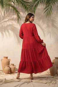 Robe évasée en soie rouge fantaisie, col en V, manches bouffantes, longueur normale, entièrement cousue, couleur unie, élégante, pour soirée occidentale - Product Image 6