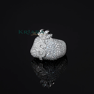 Bague pour homme en or blanc avec diamant de laboratoire, motif sac d'argent, couronne et signe dollar, style hip-hop, pour usage quotidien - Product Image 1