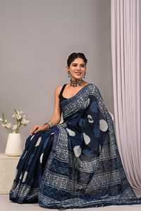 Block Print Premium Cotton <b>Linen</b> Saree for <b>Women</b> Soft Breathable Traditional Indian Wear <b>Women's</b> Cotton <b>Linen</b> Saree - Product Image 3