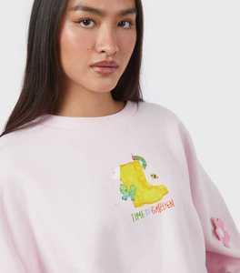 Sudadera Rosa con Capucha de Forro Polar, Apliques Florales, Manga Farol, Cuello Redondo, Tejido de Algodón, Otoño, Unisex, con Bolsillo, Corte Regular - Product Image 3