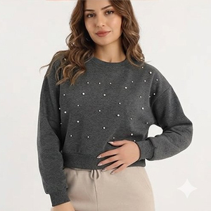 Luxury Beaded <b>Fleece</b> <b>Sweatshirt</b> for Women Custom Pearl Embellished Pullover Sweaters Winter Warm Loose Crop <b>Sweatshirt</b> - Product Image 4