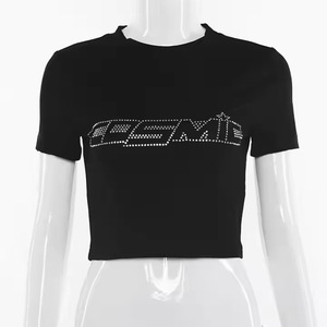 Camisetas Cortas de Algodón para Mujer Estilo Urbano con Pedrería Personalizada, Ajuste Delgado, Camisetas Baby Tee de Algodón para Mujer - Product Image 2