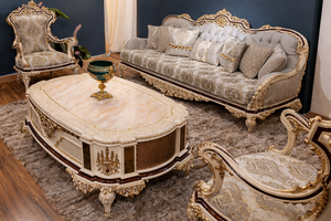 Conjunto de sofás para sala de estar, tapizado en oro blanco y PU, duraderos, tallados en madera, elegante, blanco y dorado, 8 plazas - Product Image 6