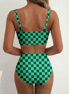 Women's Green Checkered Plunge Neck <b>Bikini</b> <b>Set</b> High Waist Bottoms Push Up Bra Cut-Out Design Stretch Swimwear - Product Image 5