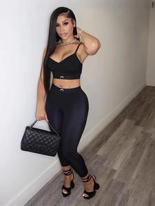 Ensemble deux pièces sexy pour femme, débardeur et pantalon, style urbain, printemps, noir uni, taille polyvalente, coupe régulière, polyester - Product Image 6