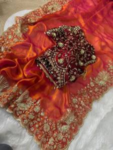 Elegante Saree de Satén con Bordado de Lentejuelas y Hilo, Blusa en Contraste, para Bodas, Fiestas y Eventos Tradicionales, Saree de Lujo - Product Image 5