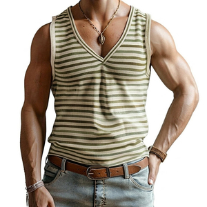 Débardeur Homme Personnalisé à Rayures avec Logo, Col en V Profond, Coupe Musclée, Sans Manches, pour la Gym et le Fitness, Débardeurs Décontractés d'Été pour Hommes - Product Image 1