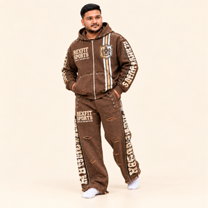 Rexfit sports 2026 Custom Custom <b>Men</b>’s <b>Brown</b> Distressed Tracksuit Zip Up <b>Hoodie</b> and Wide Leg Pants with Graphic Side - Product Image 6