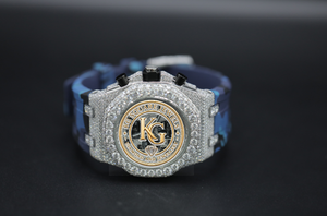 Montre mécanique chronographe sertie de diamants bleu glace, cadran rond, bracelet bleu, style bijoux de luxe - Product Image 1