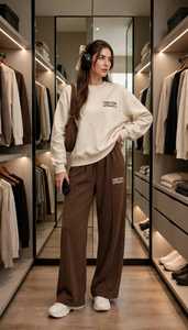 Ensemble de survêtement décontracté pour femme Oneten, sweat-shirt beige à col rond, pantalon large marron, tenue d'automne avec imprimé lettres - Product Image 3