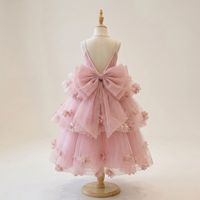 Robe de bal princesse pour filles, rose blush uni, satinée, personnalisée OEM, best-seller, manches bouffantes, grand nœud, jupe en tulle 3D à volants, douce