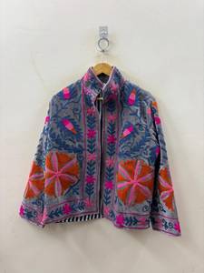 Wholesale Custom Grey Velvet Embroidered Suzani Jacket Women Heavy Floral Chain <b>Stitch</b> Quilted <b>Coat</b> Open Front Short Jacket - Product Image 1