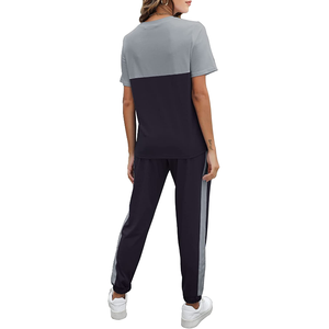Women Color Blocked Knitted Sporty <b>Set</b> <b>Short</b> Sleeve O-Neck <b>Top</b> With Side Stripe Pants Breathable All Seasons Casual Wear - Product Image 1