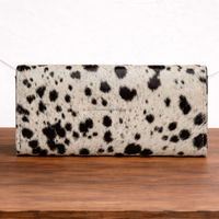 Portefeuille Bohème en Cuir Véritable Effet Peau de Vache pour Femme, Pochette Western Façonnée, Motif à Carreaux Cowgirl avec Dragonne et Pierre Turquoise