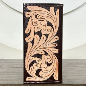 High Quality Wholesale Beaded Slim Woman <b>RFID</b> Genuine Tooled Leather Card Holder Customized Floral Pattern Long <b>Wallets</b> for Men - Product Image 5