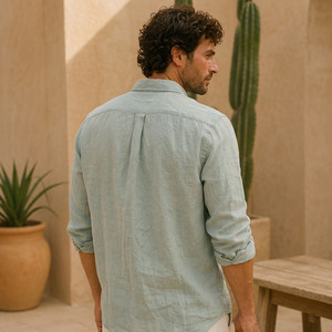 Chemises en lin décontractées pour hommes, 100% lin naturel, respirantes, douces, col en V, tenue d'été - Product Image 3