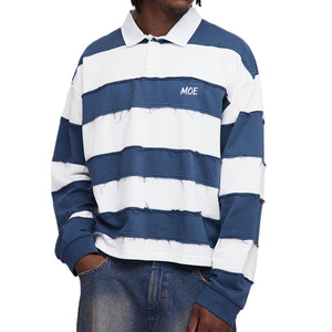 T-shirt pour homme à manches longues, rayé, inspiré du rugby, avec panneaux à coutures brutes, en coton premium, fabrication OEM en gros - Product Image 1