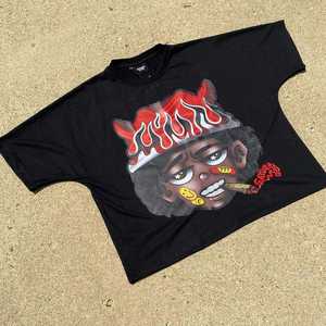 Camiseta 100% algodón para hombre, corte holgado, estampada, negra, extragrande, con estampado gráfico de marco gótico y rostro abstracto, estilo streetwear. - Product Image 3