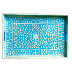 Bandeja de Servir con Incrustaciones de Hueso, Alta Calidad, Multifuncional, Diseño Moderno, Color Azul Cielo, Diseño de Hojas, Forma Rectangular, Personalizable - Product Image 1