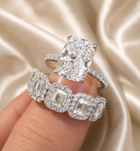 925 Moissanite Vintage <b>Cushion</b> Cut <b>Wedding</b> <b>Ring</b> Set With Halo Emerald Cut Half <b>Wedding</b> Band in White Gold Plated for Women's. - Product Image 5