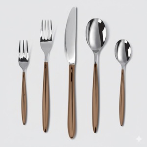 Ensemble de couverts en acier inoxydable avec poignée effet bois, design moderne, pour la maison et la restauration - Product Image 4